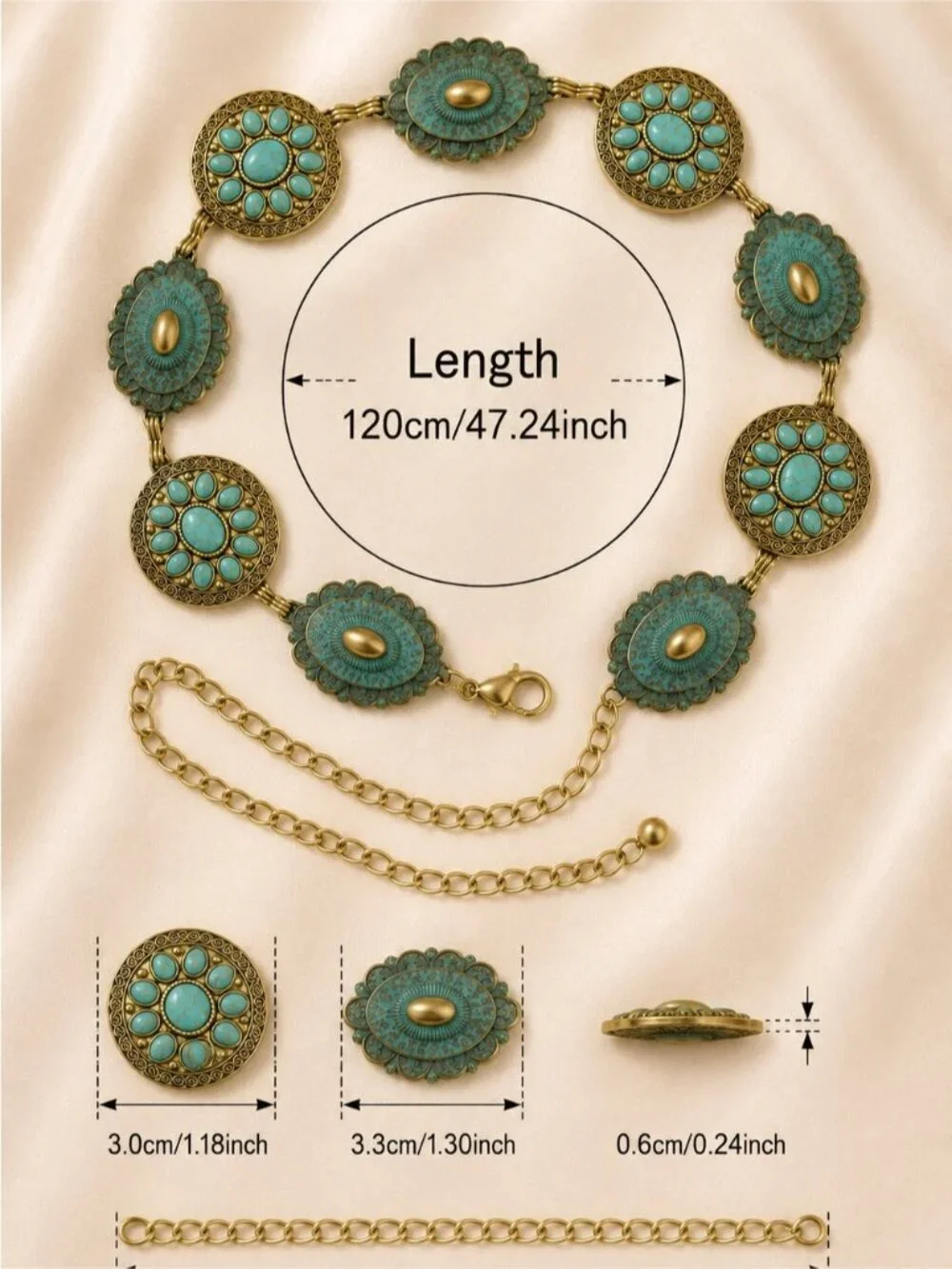 Vintage Turquoise/ blue and Antique Gold Medallion Belt